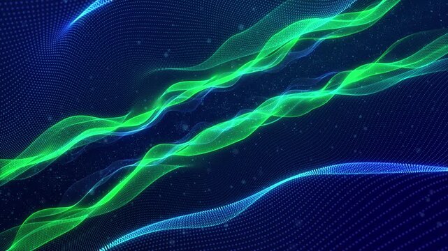 3d render VJ loop. Bright green shards swirl around amid virtual multidimensional scenery. Bright emerald shards drift and spin through intricate digital setting filled with lush green ribbons