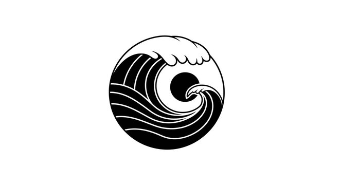 Monochrome wave and circle symbol with oceanic flow and curling motion