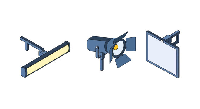 Isometric set of stage lighting equipment with softbox and spotlight