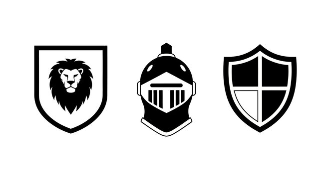 Minimalist heraldic symbols: lion knight helmet classic shield