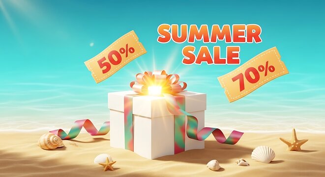 Summer sale exploding gift box with discounts on sandy beach exploding discount percentage tropical starfish