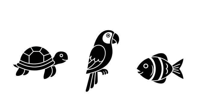 Minimalist animal silhouettes featuring turtle parrot and fish
