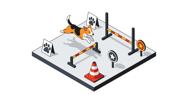 Isometric dog agility course with hurdles and jumping beagle