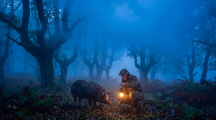Obraz premium Truffle hunter with pig in misty forest at dusk with lantern