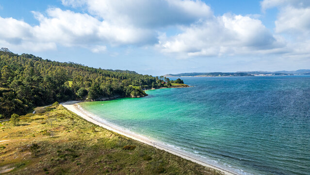 Aerial view of Merexo Beach in Muxia, Costa da Morte, Galicia, Spain.