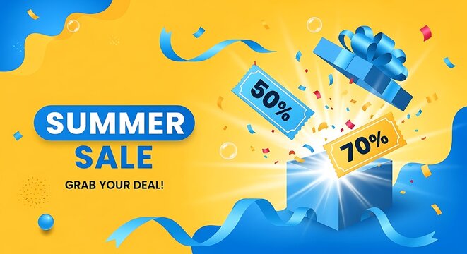 Summer sale with exploding gift box and discount tags on yellow background discount surprise shopping
