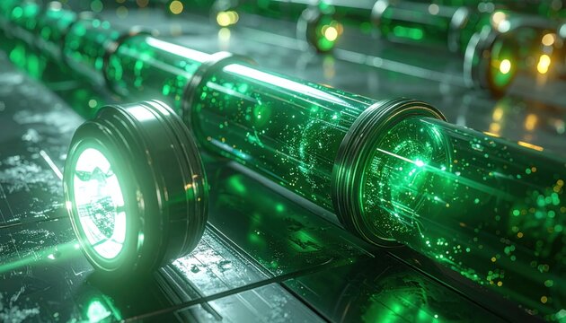 Intricate Network of Emerald Energy Conduits Pulsating with Digital Light and Latent Power
