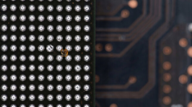 Ball Grid Array Solder Balls Under Microscope &ndash; BGA Macro &ndash; Edge AI Chip Underside &ndash; Cold Ring-Light Illumination