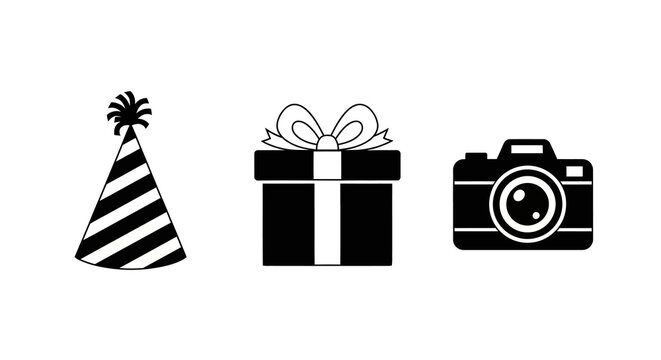 Celebration essentials: party hat gift box and camera silhouettes