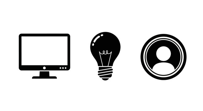 Minimalist tech icons: screen bulb profile - simple black and white