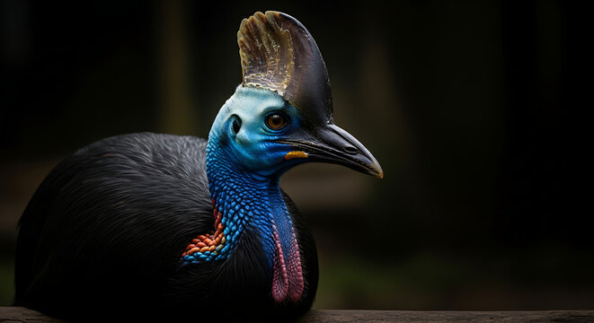 Close up profile of a vibrant cassowary bird with striking blue face and casque, dark moody background, focus on texture and detail