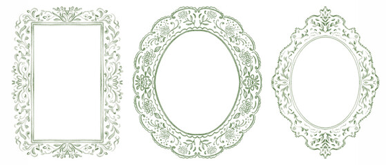 Vintage frame design illustration watercolor hand painted with intricate details. Ornate frame features a royal baroque pattern with a delicate lace edge. For invitations, postcards, photo framing. © Elena