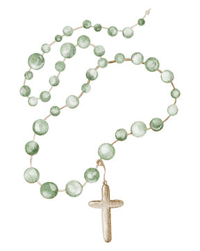 Cross rosary hand painted watercolor illustration of holy christian jewelry. Rosary isolated clipart object with simple minimalist style. Suitable for religion, devotion and meditation design.