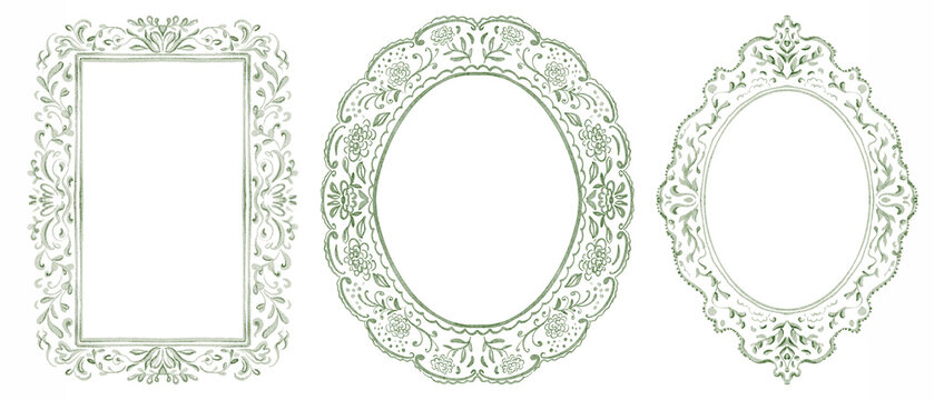 Vintage frame design illustration watercolor hand painted with intricate details. Ornate frame features a royal baroque pattern with a delicate lace edge. For invitations, postcards, photo framing.