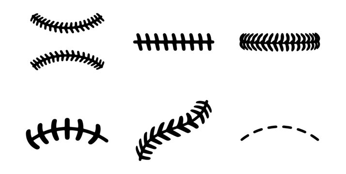 Baseball stitches vector set, softball seam icons, black thread embroidery elements