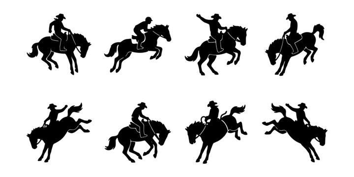 Rodeo cowboy silhouettes, bucking bronco horse icons, 8 western rider vector elements