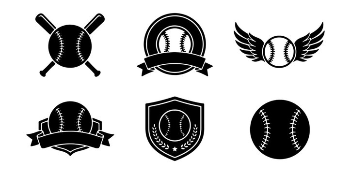 Vintage baseball logo set, 6 sports emblems with bats and balls, black vector icons