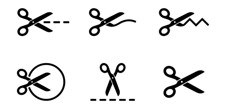 Black scissors icon set, 6 cutting line vector symbols, minimalist scissor silhouettes