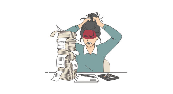 Stressed Woman Pulling Hair While Reviewing Receipt Stack for Tax Filing &ndash; Minimalist Flat Vector Illustration in Five-Color Palette