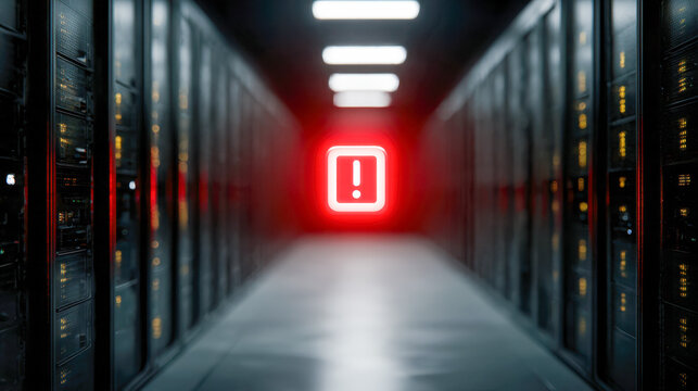 Data center corridor with a glowing red alert symbol indicating critical server warning or system error in a high-tech secure environment