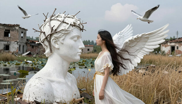 Symbolic depiction of rebirth: Woman with angel wings stands by a statue of Christ's head in a derelict wetland.