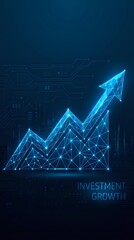 Naklejka premium Digital growth arrow with polygonal wireframe design on dark blue technology background showing upward trend for business and finance concepts.