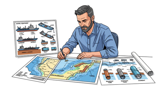 Cartographer working on nautical maps with shipping equipment diagrams
