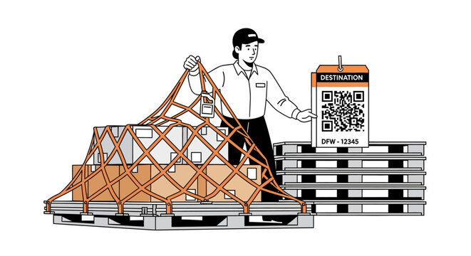 Worker preparing cargo pallets with qr code for shipment in isometric style