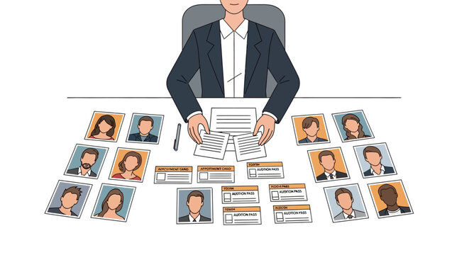 Talent selection process with candidate photos and audition details on desk