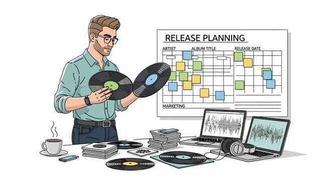 Music release planning in office setting with vinyl and digital media