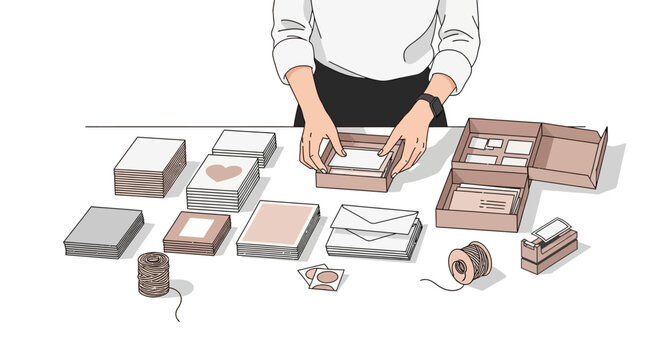 Person organizing event stationery on desk with cards and envelopes