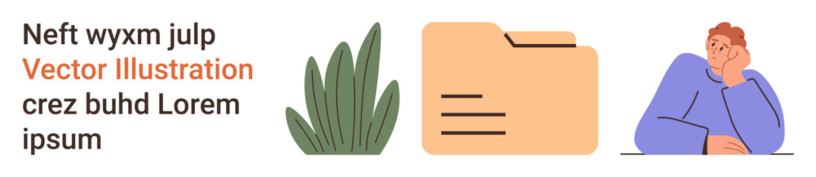 Organization, creativity, data management, workplace organization, contemplation, productivity. A person resting their head, a folder and a plant. Organization and creativity concepts