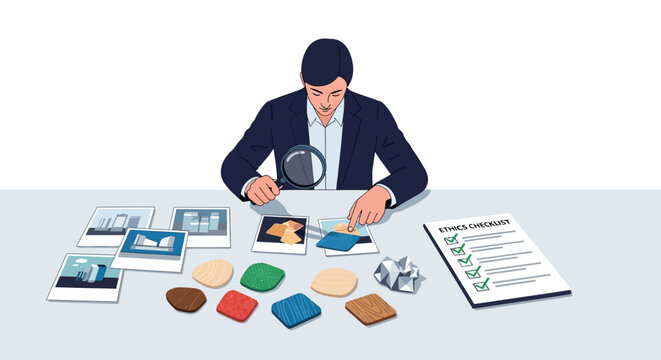 Businessman analyzing materials with ethics checklist on office desk