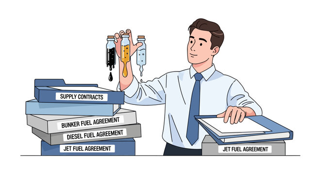 Businessman analyzing documents with fuel samples in office flat design