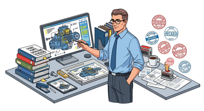 Engineer analyzing engine design on computer in modern office setting