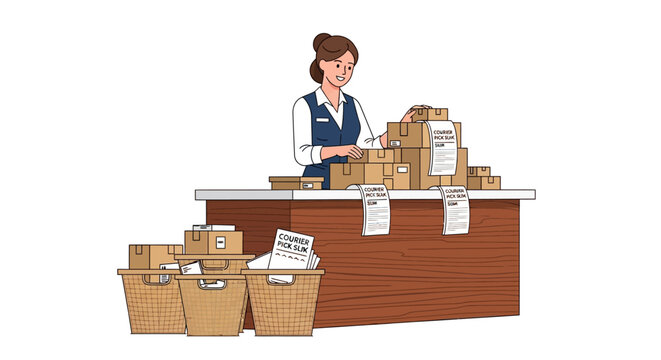 Female employee organizing delivery packages at a counter in a workplace setting
