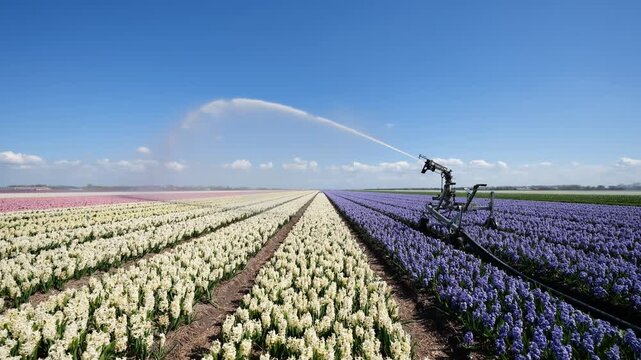 Irrigation system watering flower rows in a field. Industrial agriculture and farming process under a clear blue sky. Water spray over a colorful plantation.