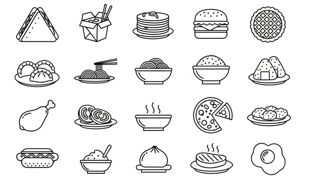 A Diverse Collection of Black and White Food Icons Representing Various Culinary Delights and Meal Options