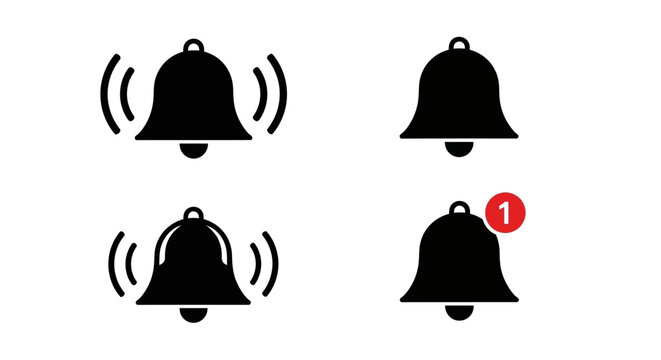 Set of four notification bell icons representing alerts, alarms, and reminders with visual cues of ringing