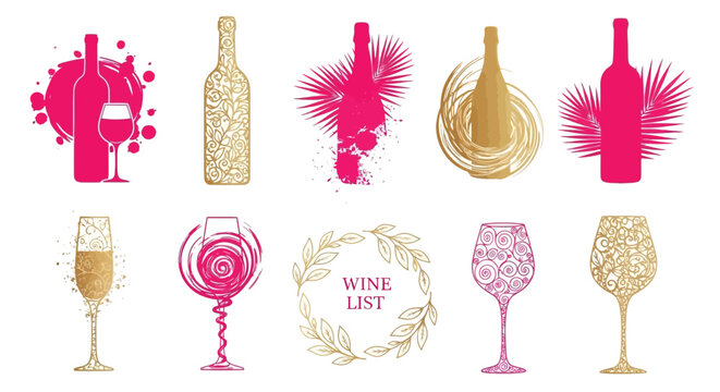 Collection of elegant wine bottles and glasses, artistic designs and wine list graphics