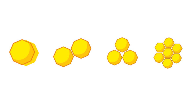 A visual representation of hexagonal honeycomb structures in varying formations, from a single cell to a cluster of seven