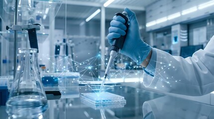 Fototapeta premium Scientist in blue gloves conducting laboratory research with pipette and petri dish in modern sterile facility for medical testing and analysis.