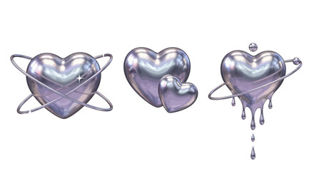 Shiny metallic heart shapes with unique artistic designs, including orbiting rings and melting effects, ideal for romantic or futuristic themes © PixelSingleStudio