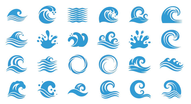Collection of Blue Water Wave Icons representing various elements of the ocean and sea