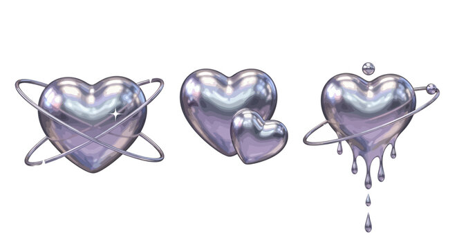 Shiny metallic heart shapes with unique artistic designs, including orbiting rings and melting effects, ideal for romantic or futuristic themes