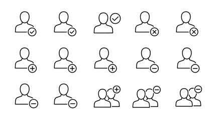 Fototapeta premium Set of user icons, including profile icons with checkmarks, cross marks, add, and remove symbols for user management and interface design