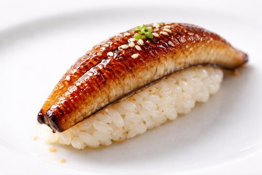 Nahaufnahme von gl&auml;nzendem Unagi-Nigiri mit Sesam
Detailreiche Foodaufnahme eines glasierten Unagi-Nigiri mit gl&auml;nzender Oberfl&auml;che, Sesam und sichtbaren Reisk&ouml;rnern.