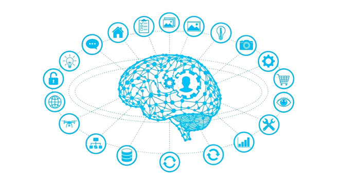 Digital brain connecting to various technological and social networks, illustrating artificial intelligence and connectivity