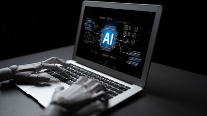 Fototapeta premium A generative AI assistant displays a dashboard for managing business strategy. The system provides data insights for innovation and tracks performance from planning to activation. Fermion