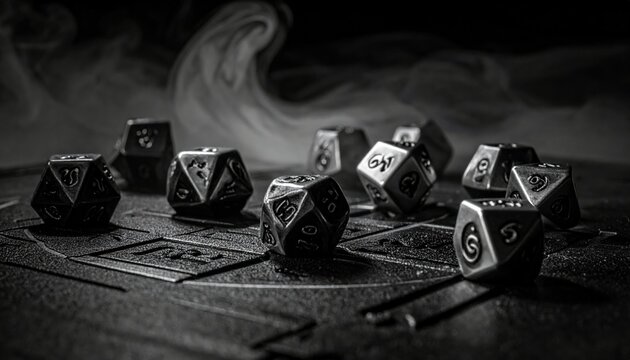 Array of custom metal polyhedral dice with unique symbols scattered in moody lighting